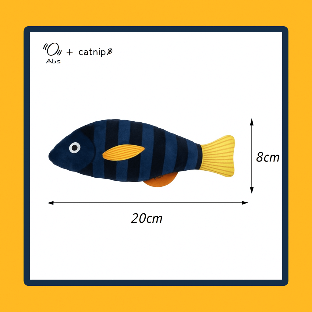 Squeaky catnip fish toy– Fun, Safe & Snuggly Playtime for Cats. Fish-shaped toy with measurements. Ideal for entertaining pet play.