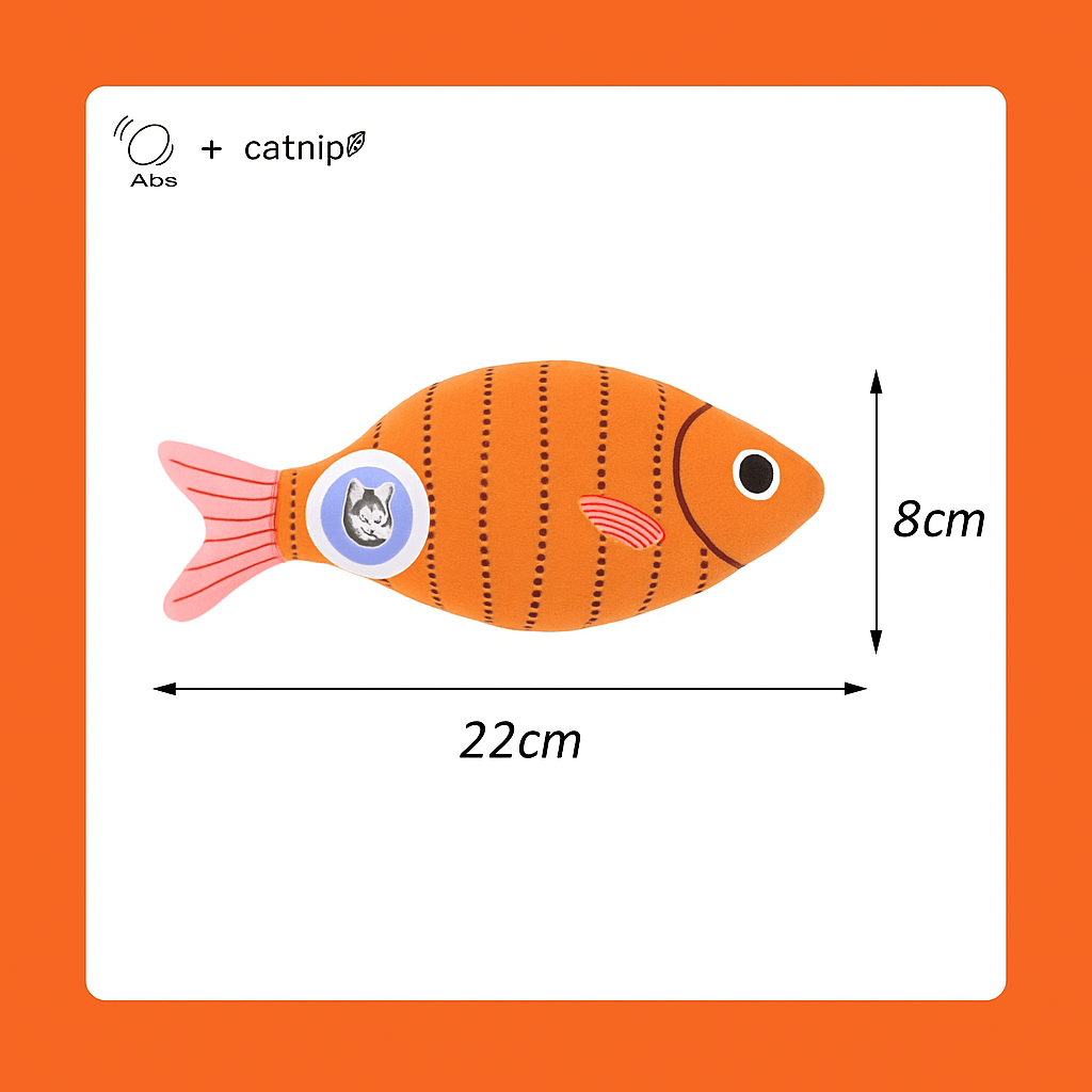 squeaky catnip fish toy– Fun, Safe & Snuggly Playtime for Cats in orange, 22cm length, 8cm height, with cat illustration on orange background