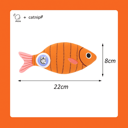 squeaky catnip fish toy– Fun, Safe & Snuggly Playtime for Cats in orange, 22cm length, 8cm height, with cat illustration on orange background