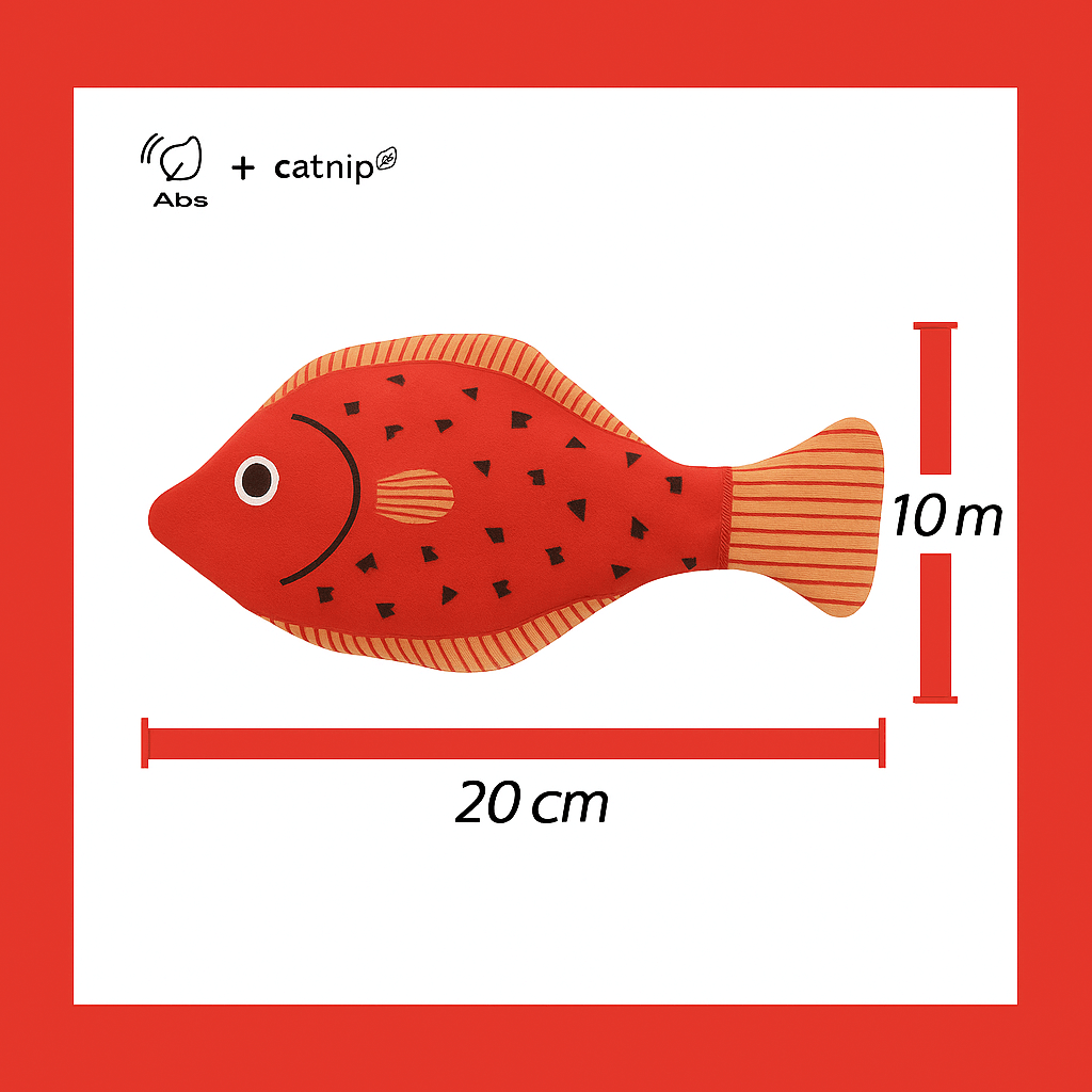 squeaky catnip fish toy– Fun, Safe & Snuggly Playtime for Cats - red fish-shaped toy with measurements