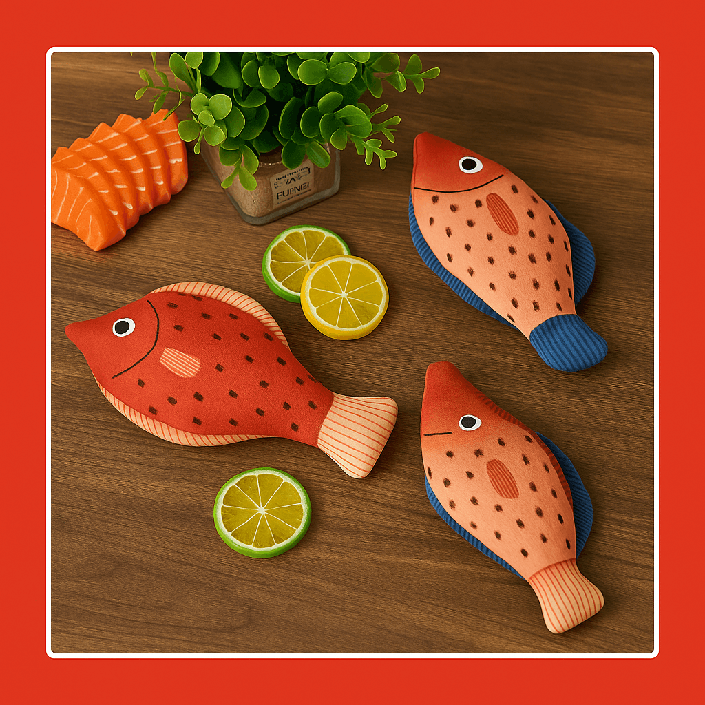 squeaky catnip fish toy– Fun, Safe & Snuggly Playtime for Cats, colorful fish-shaped toys on a wooden surface with citrus slices
