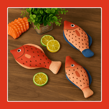 squeaky catnip fish toy– Fun, Safe & Snuggly Playtime for Cats, colorful fish-shaped toys on a wooden surface with citrus slices