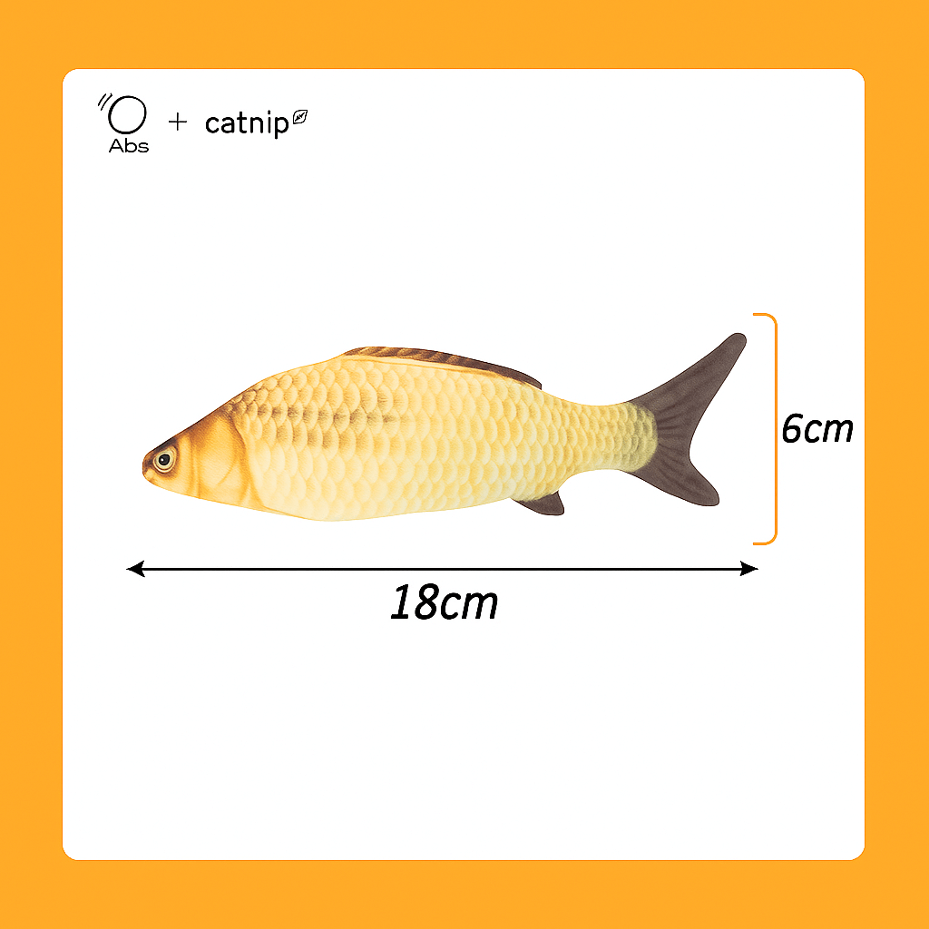 squeaky catnip fish toy– Fun, Safe & Snuggly Playtime for Cats showing dimensions of 18cm by 6cm on an orange background