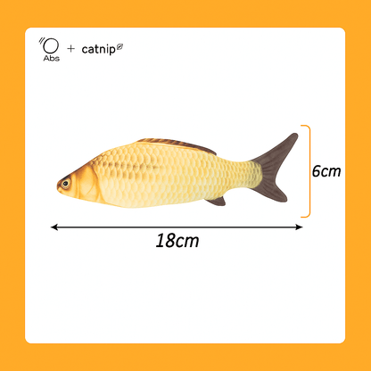 squeaky catnip fish toy– Fun, Safe & Snuggly Playtime for Cats showing dimensions of 18cm by 6cm on an orange background