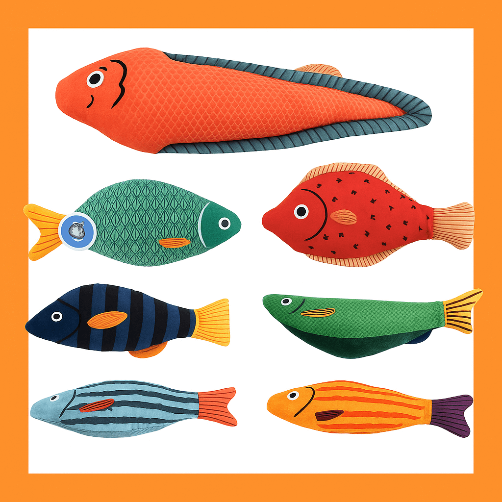 Colorful squeaky catnip fish toy– Fun, Safe & Snuggly Playtime for Cats, seven fish-shaped toys for endless entertainment.