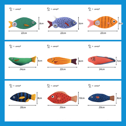 Squeaky catnip fish toy – Fun, Safe & Snuggly Playtime for Cats, colorful fish designs with measurements displayed for cat entertainment.