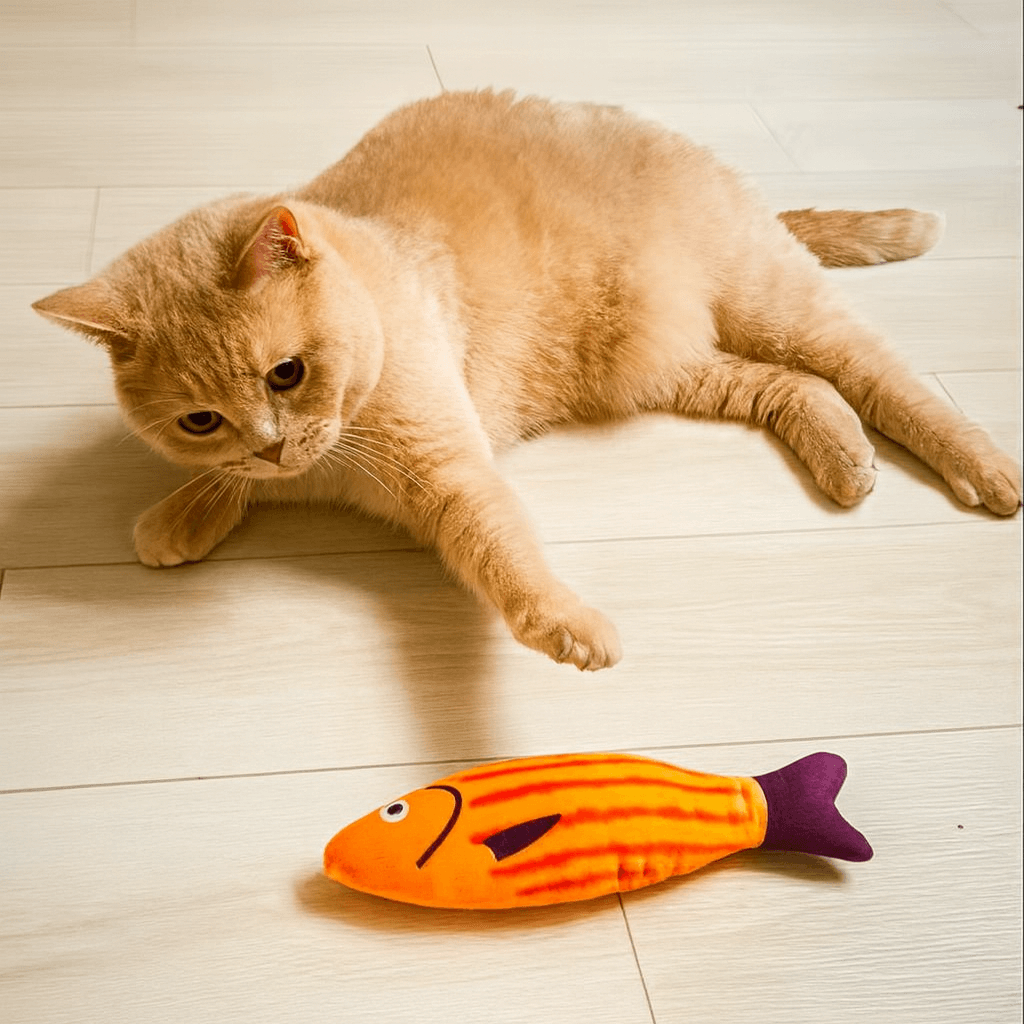 Playful cat enjoying a squeaky catnip fish toy– Fun, Safe & Snuggly Playtime for Cats.