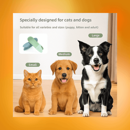 Soft Silicone Pet Toothbrush for cats and dogs of all sizes, shown with small, medium, and large pets suitable for puppies and kittens.