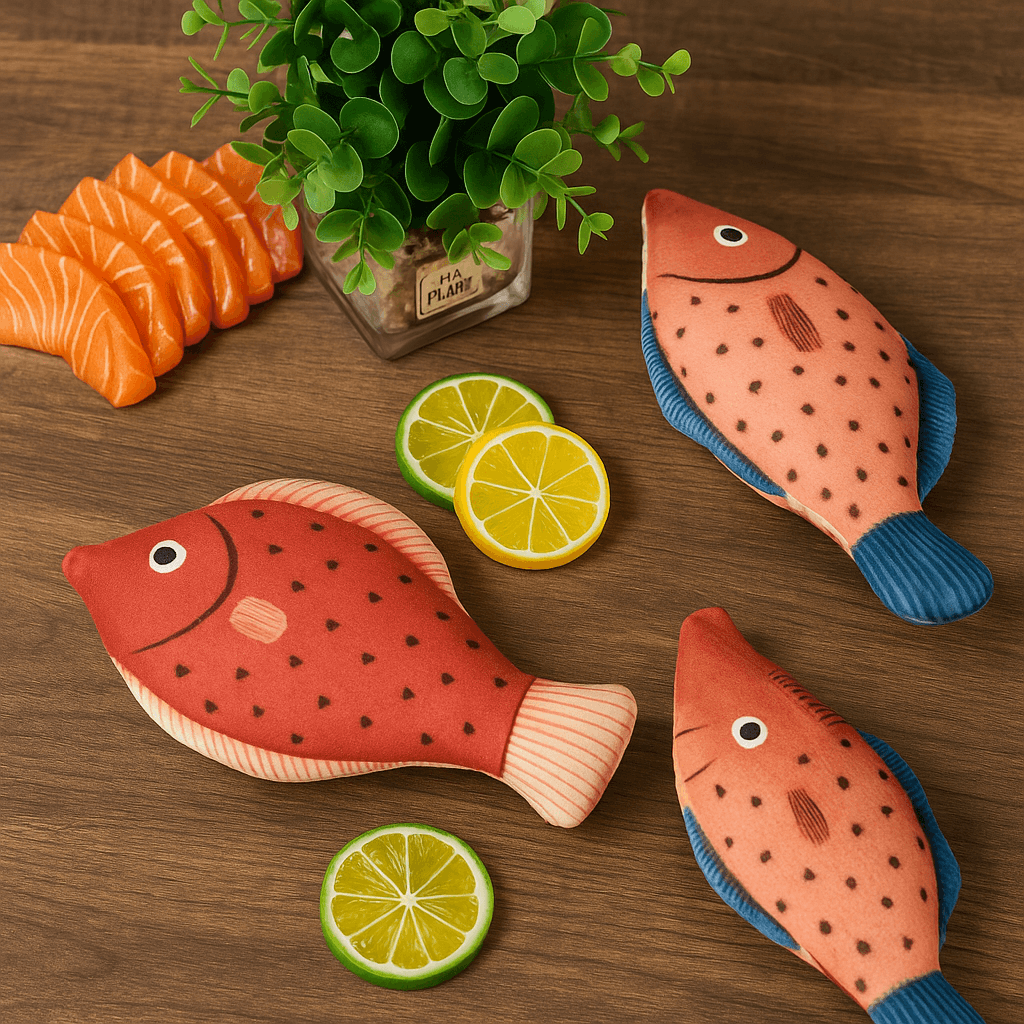 squeaky catnip fish toy– Fun, Safe & Snuggly Playtime for Cats with colorful fish design and lemons on a wooden surface.
