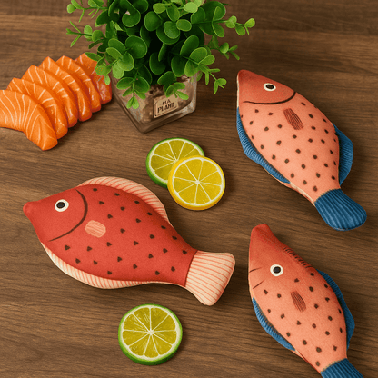 squeaky catnip fish toy– Fun, Safe & Snuggly Playtime for Cats with colorful fish design and lemons on a wooden surface.