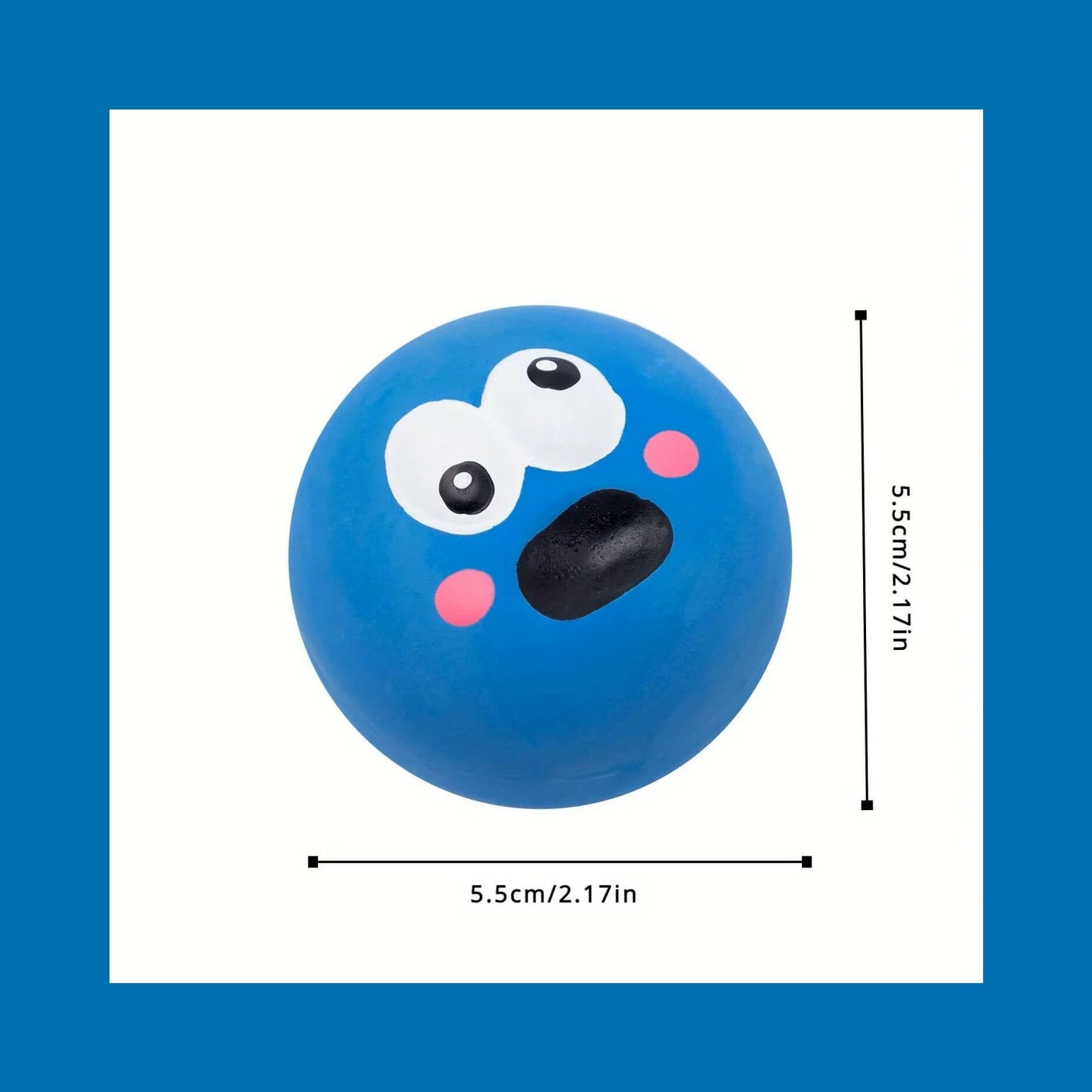 Squeaky Eyeball Dog Toy - blue latex toy with cartoon face, perfect for small breeds, playtime, and training. Non-toxic, engaging, durable.