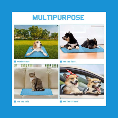 Cooling Pet Mat for Summer with dogs and cat relaxing in various locations.
