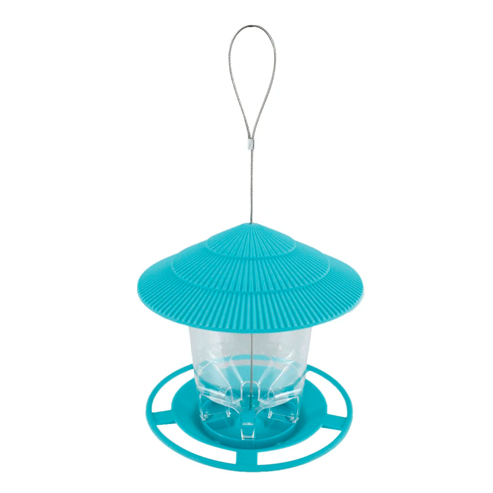 Outdoor hanging bird feeder with multi-port design for seeds and nuts, featuring a large capacity and weather-resistant sloped roof.