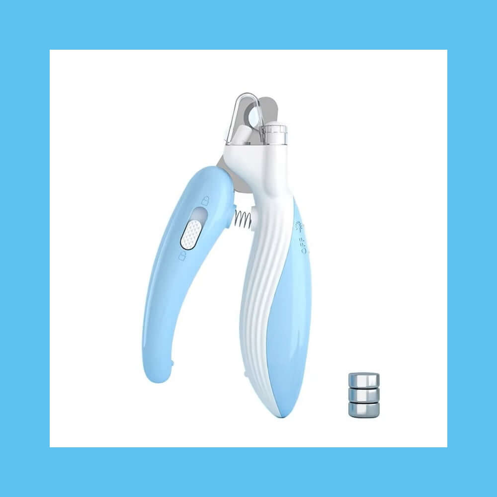 LED Pet Nail Clippers with built-in LED light, stainless steel blades, and non-slip grip handle for safe trimming of dog and cat nails.