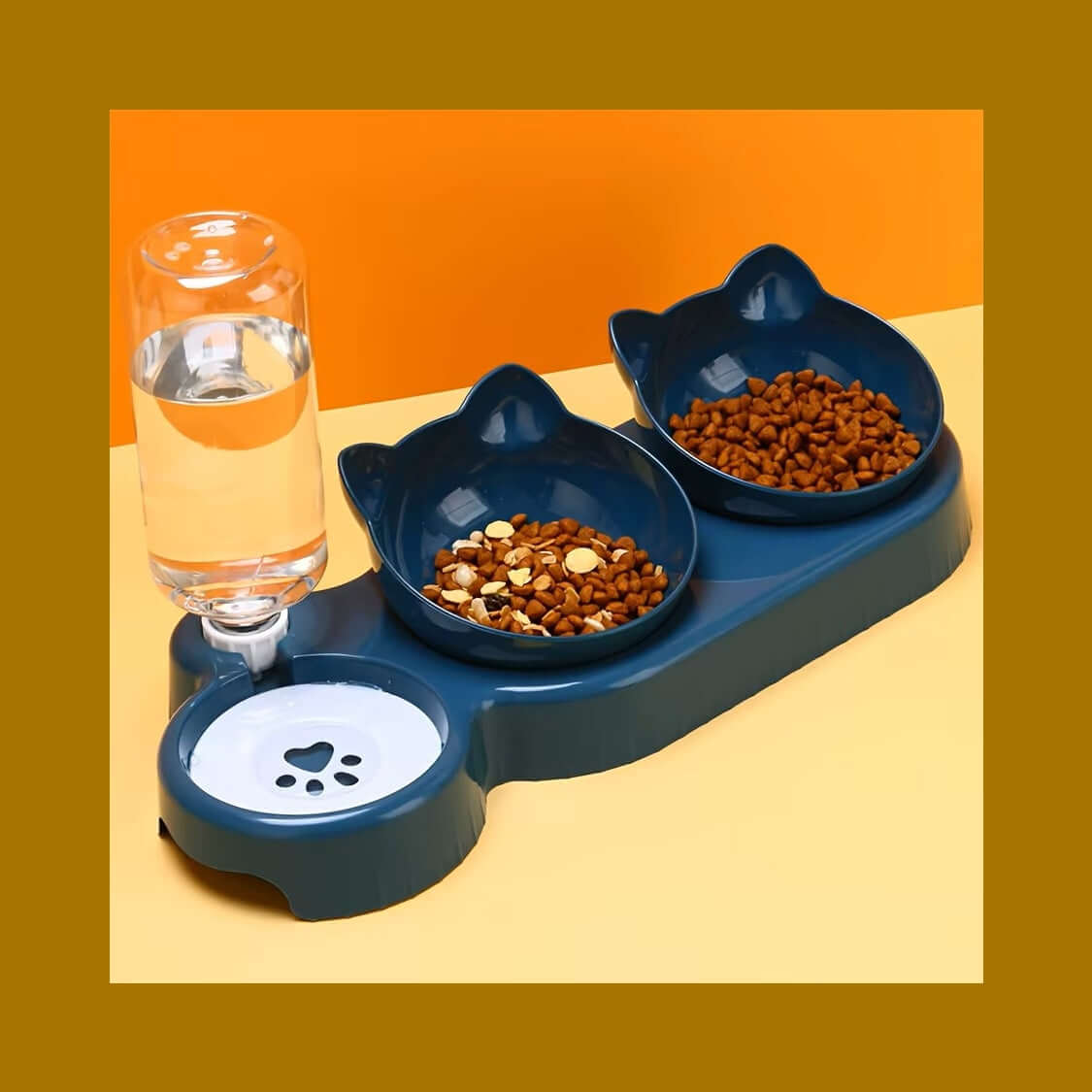 3-in-1 Cat Feeding Bowl with tilted design, gravity water bottle, and ear-shaped bowls for better posture and hydration.