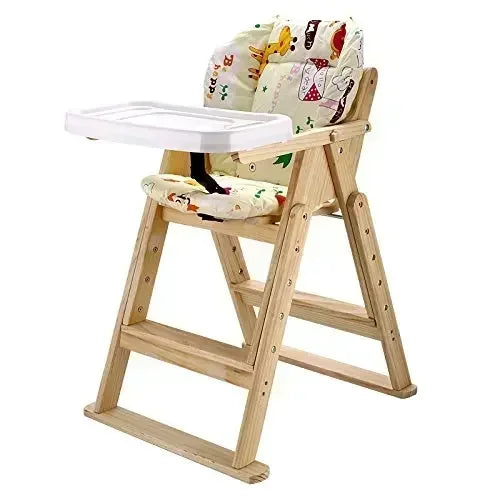 Wooden high chair with a soft, breathable baby cushion featuring cute animal patterns for comfort and support.