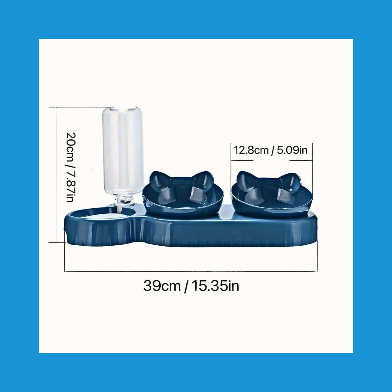 3-in-1 Cat Feeding Bowl with tilted design, gravity water bottle, and ear-shaped bowls shown with dimensions and blue background.