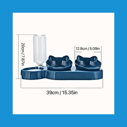 3-in-1 Cat Feeding Bowl with tilted design, gravity water bottle, and ear-shaped bowls shown with dimensions and blue background.