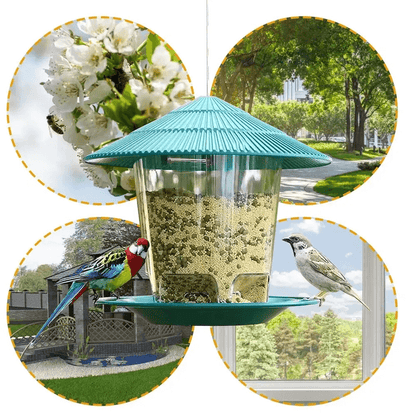Outdoor hanging bird feeder with multiple feeding ports, featuring vibrant birds and a large 2.6L capacity against scenic backgrounds.