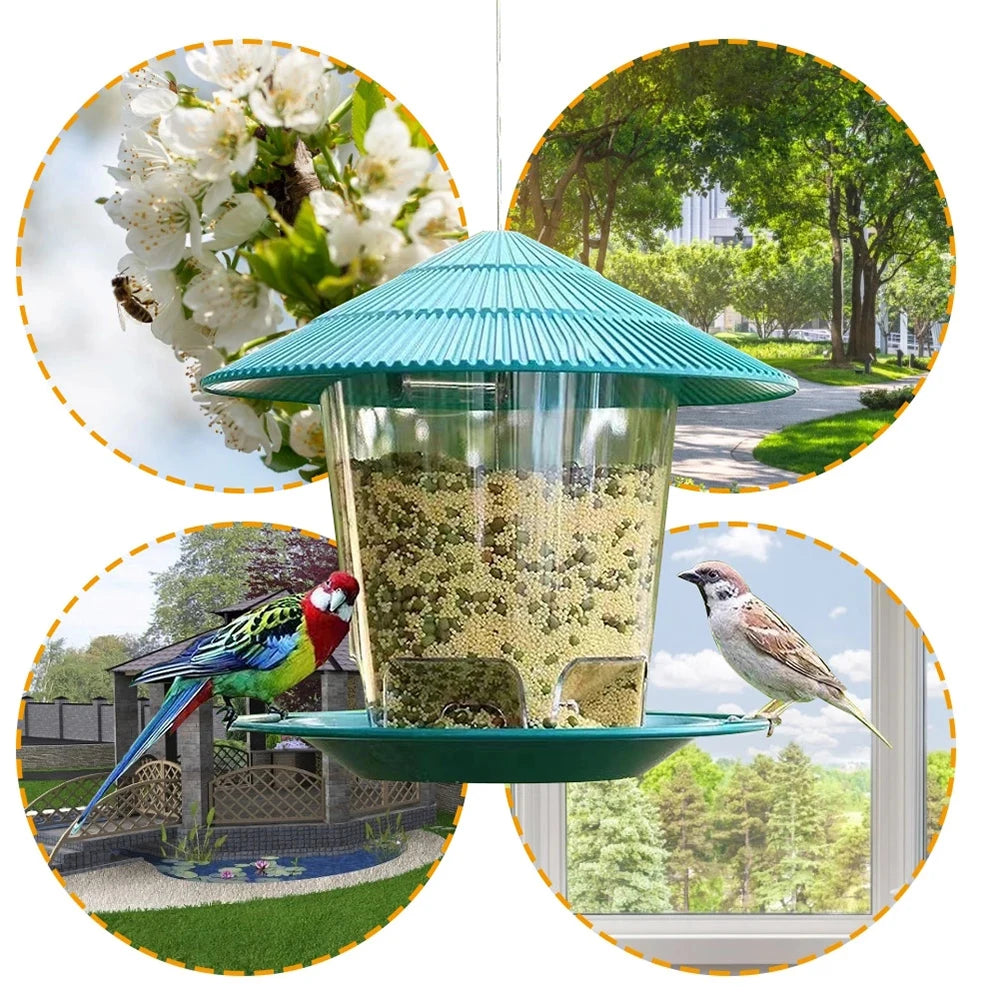 Outdoor hanging bird feeder with multi-port design, filled with seeds, surrounded by birds and garden views.
