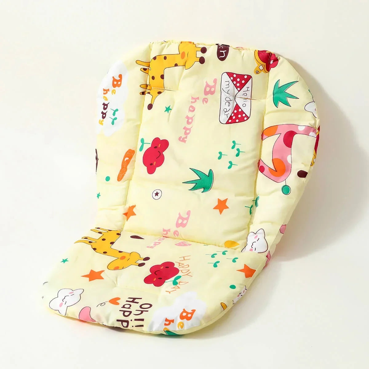 Cute animal baby cushion with soft, breathable fabric and colorful patterns ideal for high chairs and strollers, suitable for 0-6 years.