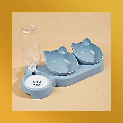 3-in-1 Cat Feeding Bowl with tilted design, gravity water bottle, and space-saving ear-shaped bowls for healthy cat feeding