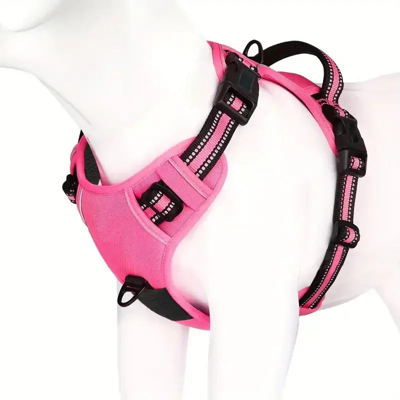 Reflective No-Pull Dog Harness in pink, designed for safety and comfort, featuring reflective straps for visibility.