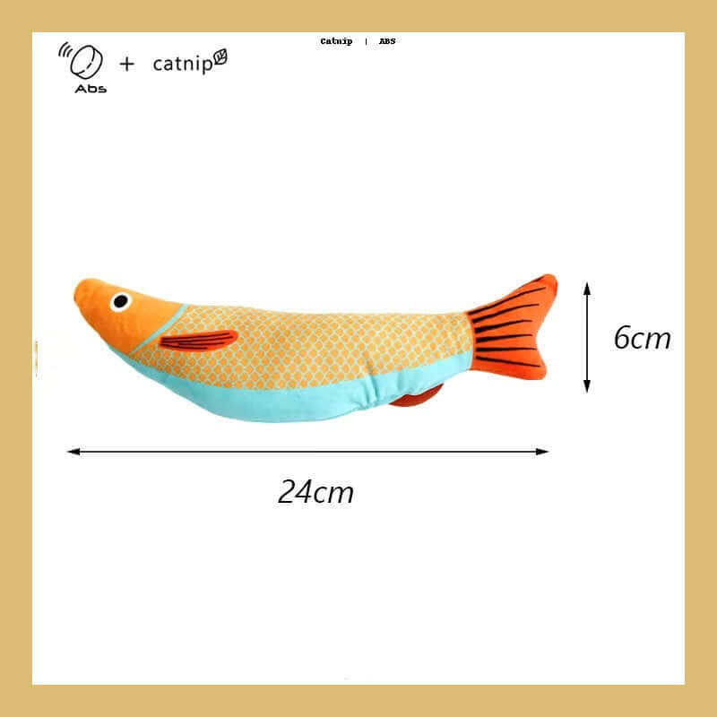 Squeaky catnip fish toy for fun, safe & snuggly playtime for cats with dimensions 24cm by 6cm, featuring a vibrant orange and blue design.