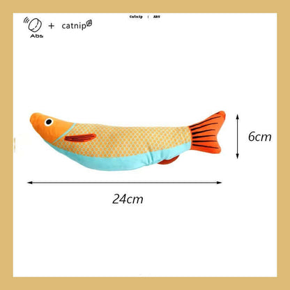 Squeaky catnip fish toy for fun, safe & snuggly playtime for cats with dimensions 24cm by 6cm, featuring a vibrant orange and blue design.