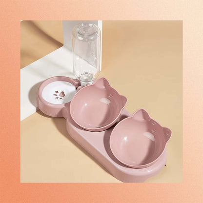 3-in-1 Cat Feeding Bowl with tilted design, gravity water bottle, and cute ear-shaped bowls for healthy posture and hydration.