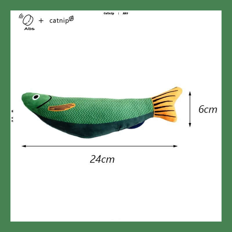 squeaky catnip fish toy– Fun, Safe & Snuggly Playtime for Cats, green fish shape, 24cm x 6cm, ideal for chasing and cuddling.