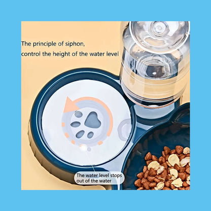 3-in-1 Cat Feeding Bowl with tilted design and gravity water bottle, ensuring fresh food and hydration for cats.