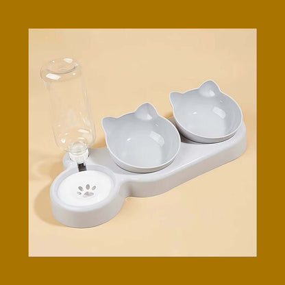 3-in-1 Cat Feeding Bowl with tilted design, cat-ear shaped bowls, and gravity water bottle for easy cleaning and space-saving.