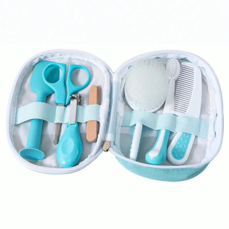 6-in-1 baby grooming set with nail clipper, scissors, brush, comb, nasal inhaler, and file in a compact case, ideal for ages 0-2.