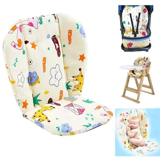 Cute animal baby cushion for high chair and stroller, soft and breathable, showcasing double-sided pattern for ages 0-6 years.