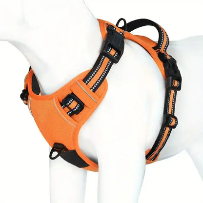 Orange reflective dog harness-Reflective No-Pull Dog Harness on mannequin, designed for safety and comfort on walks.