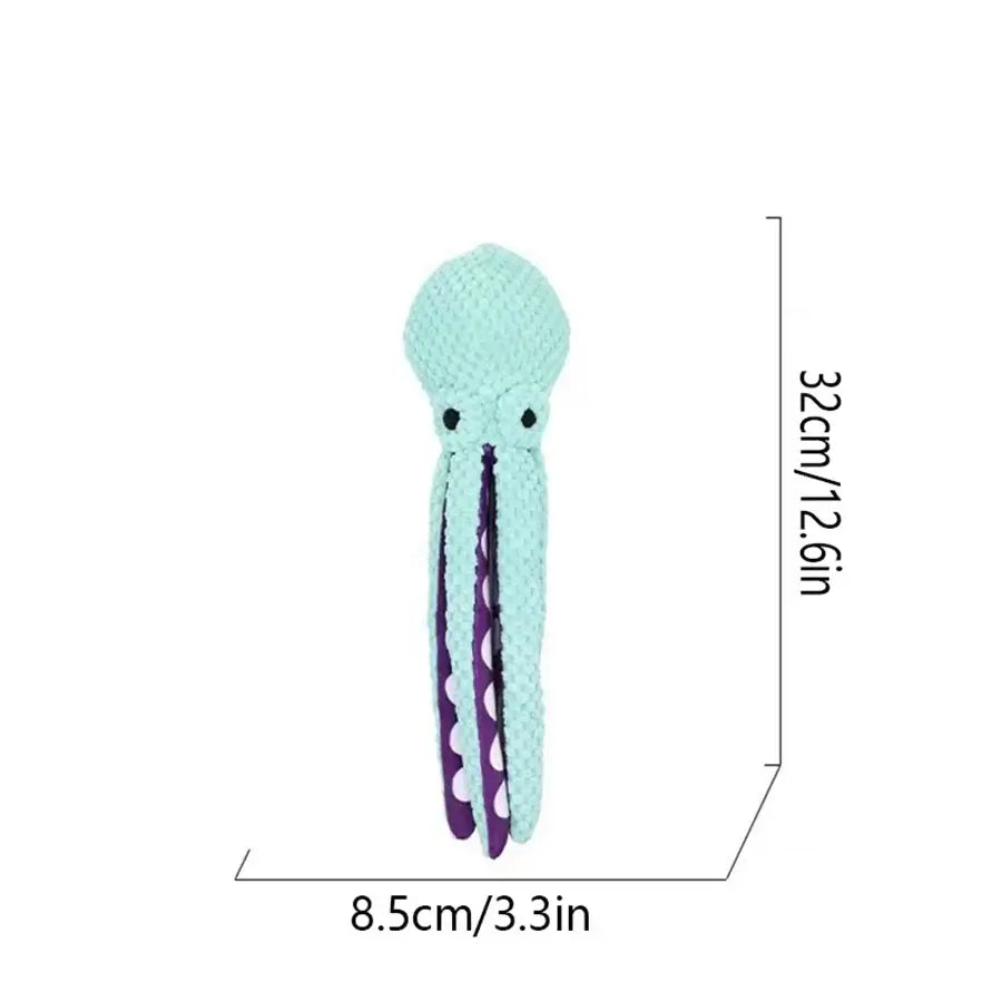 Plush octopus dog toy, squeaky and durable, 32x8.5 cm size. Soft fleece material in teal, ideal for all dog sizes and energetic chewers.