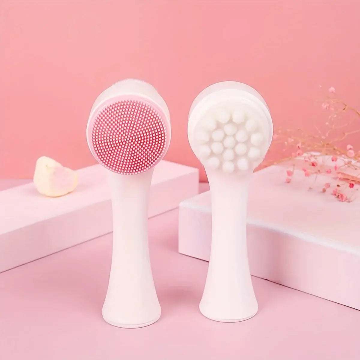 Silicone Dog Paw Cleaner, 2-in-1 Massage & Grooming Tool, dual-sided design for cleaning and massaging pet paws on pink background.