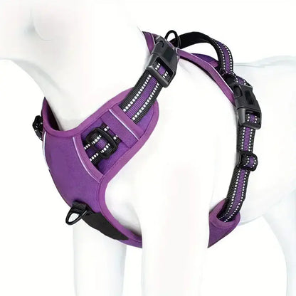 reflective dog harness-Reflective No-Pull Dog Harness in purple on a mannequin, showcasing its comfortable and adjustable design.