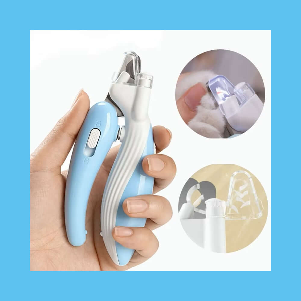 Hand holding LED Pet Nail Clippers with built-in light, sharp stainless steel blades, and non-slip grip for safe pet grooming.
