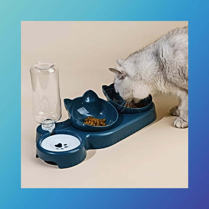 3-in-1 Cat Feeding Bowl with tilted design for ergonomic eating, gravity water bottle for hydration, and space-saving ear-shaped bowls.