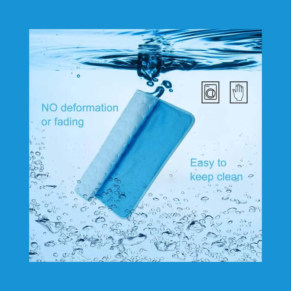 Cooling Pet Mat for Summer submerged in water, demonstrating durability and easy cleaning, ideal for keeping pets comfortable in hot weather.