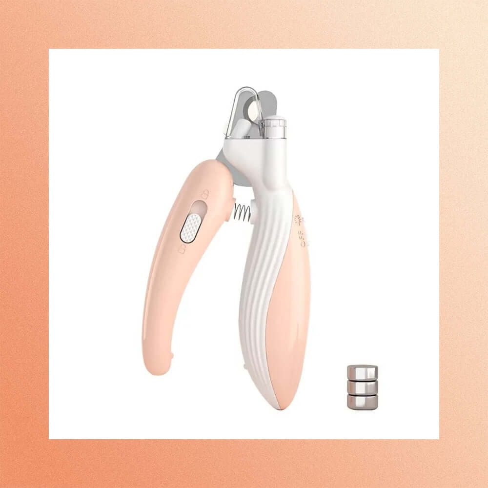 LED Pet Nail Clippers with built-in LED light, stainless steel blades, non-slip grip for safe and precise pet grooming.
