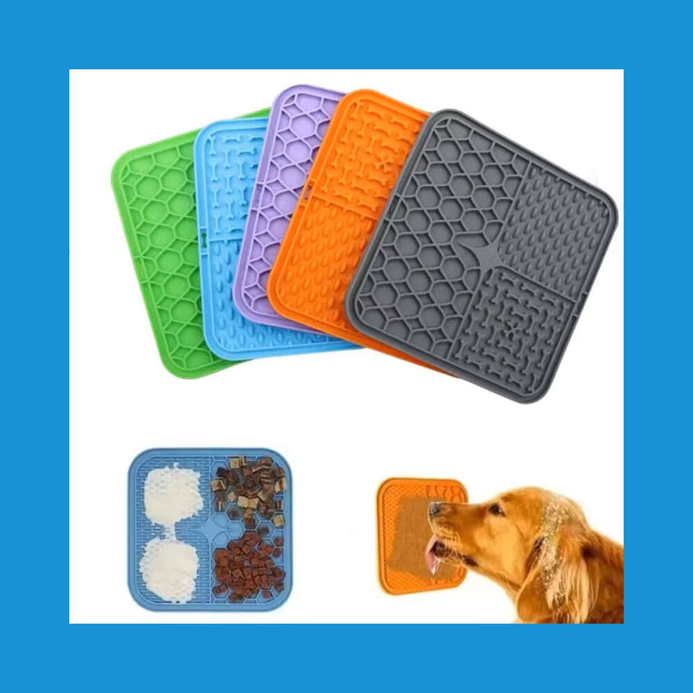 dog bath time distraction mat -Pet Lick Mat Distraction, assorted colors with dog using mat during bath.