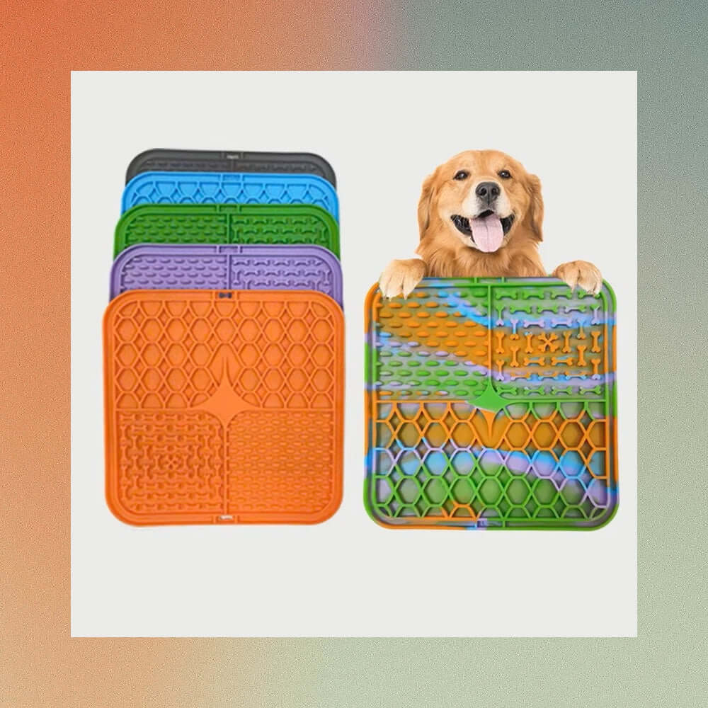 dog bath time distraction mat -Pet Lick Mat Distraction with smiling dog, colorful set for grooming and feeding.