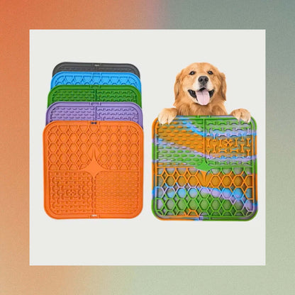 dog bath time distraction mat -Pet Lick Mat Distraction with smiling dog, colorful set for grooming and feeding.