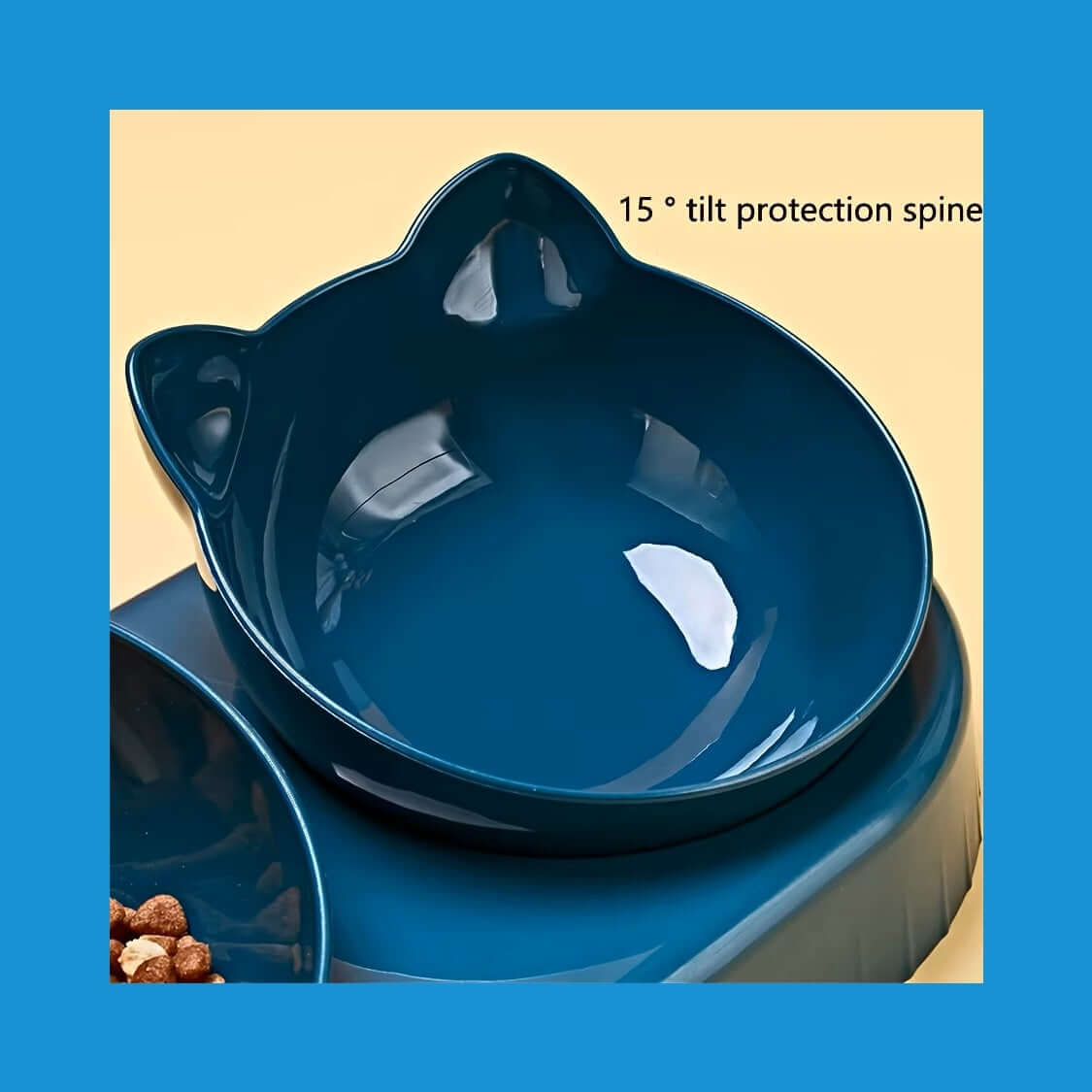 Blue 3-in-1 Cat Feeding Bowl with tilted ear-shaped design for neck protection and hydration.