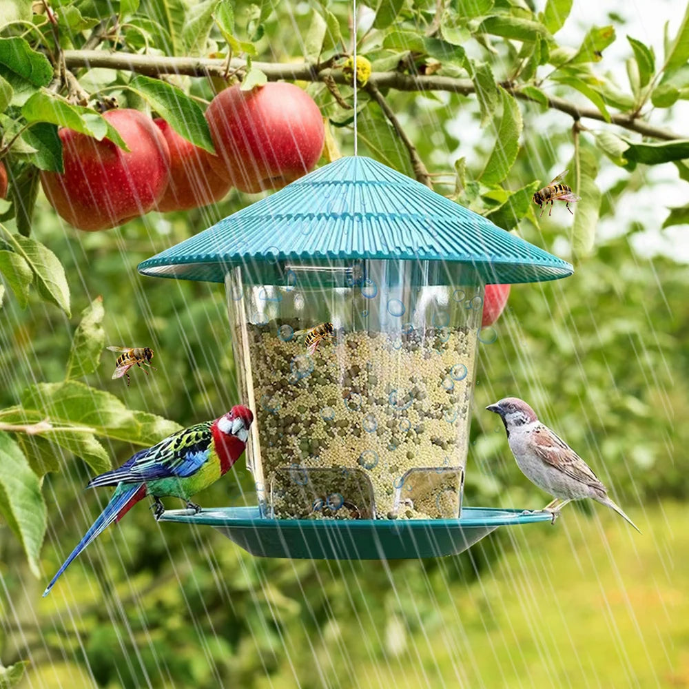 Outdoor hanging bird feeder with multi-port seed dispenser in rain with colorful birds and apples in background