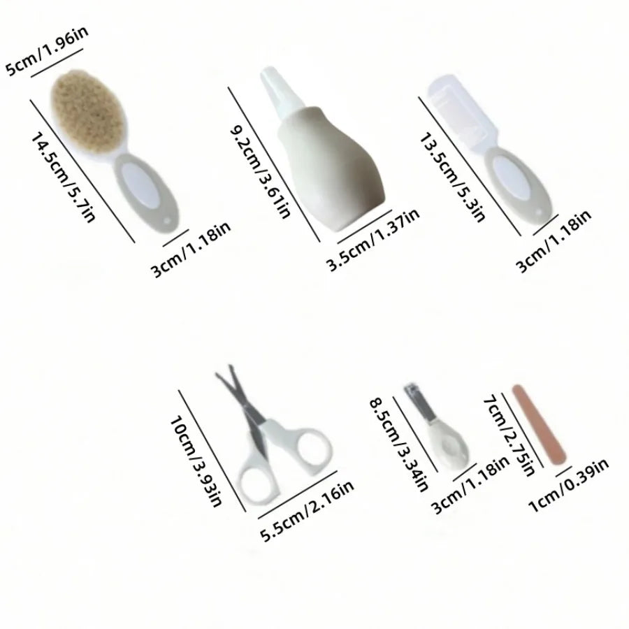 6-in-1 baby grooming set with nail clipper, scissors, brush, comb, nasal inhaler, and nail file, safe for infants aged 0-2 years.