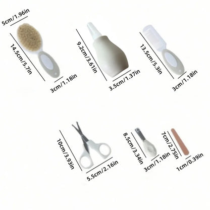 6-in-1 baby grooming set with nail clipper, scissors, brush, comb, nasal inhaler, and nail file, safe for infants aged 0-2 years.